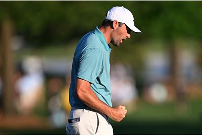 Scottie Scheffler celebrates the final-hole birdie that gives him a three-shot lead heading into the final round of the 2025 PGA Championship.